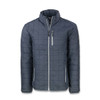 A grey insulated men's jacket with a quilted pattern, featuring zippered pockets and a stand-up collar.