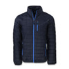 A navy blue men's jacket with light blue accents and a logo, featuring a zip closure and quilted design.