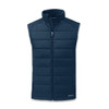 A navy blue men's hybrid vest with a zip front and sleeveless design. Features a logo on the side.
