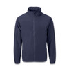 A navy full zip jacket with a high collar and long sleeves, featuring a logo on the front.
