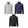 Three Cutter & Buck Charter Men’s Full Zip Jackets in grey, navy, and black, featuring a zipped front and collar.