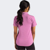 A pink women's polo shirt with a collar and short sleeves, featuring a subtle logo on the back.