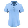 A light blue women's polo shirt with a collar, short sleeves, and a buttoned placket. It features a logo.