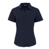 A navy blue women's polo shirt featuring a collared neck and button placket, with a logo present.