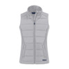 A light grey hybrid vest with a zip front and a high collar, featuring a logo.