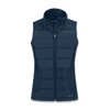 A navy blue women's hybrid vest with a zip front and a stylish sleeveless design. It features a brand logo.