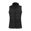 A black women's hybrid vest with a zip-front design and a high collar, featuring a logo on the left side.