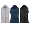 A collection of three women's vests in grey, navy, and black, featuring a zip-up design and a logo.