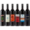 A collection of six red wine bottles with varying designs and labels, featuring dark red glass and colourful branding.