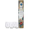 A gift set featuring four clear stemless glasses and a decorative cylinder packaging, showcasing holiday-themed designs.
