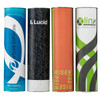 A set of four custom wine cylinders in various colours including blue, black, orange, and green, each featuring branding.