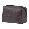A grey zippered toiletry bag with a side pocket, featuring a textured fabric design.
