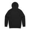 A black hoodie featuring a hood and long sleeves, with a smooth back design and a logo present.