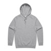 A grey hoodie with a front pocket and a drawstring hood, featuring a logo on one side.