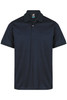 A navy blue polo shirt with a collar and short sleeves, featuring a logo on the chest.