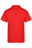 A red polo shirt with a collar and short sleeves, featuring a branding logo.