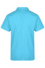 A polo shirt in light blue with a collar and short sleeves, featuring a logo on the back.