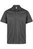 A grey polo shirt with a classic collar and three buttons, featuring a logo on the inside collar.