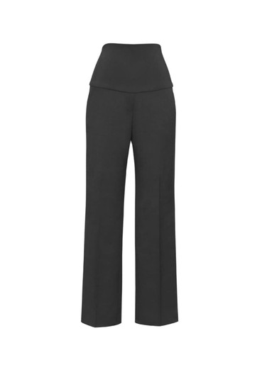 A pair of black stretch maternity pants with a wide waistband and a loose fit. Includes a logo on the waistband.