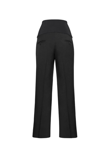 A pair of black maternity pants with a wide waistband and back pockets, featuring a structured cut.