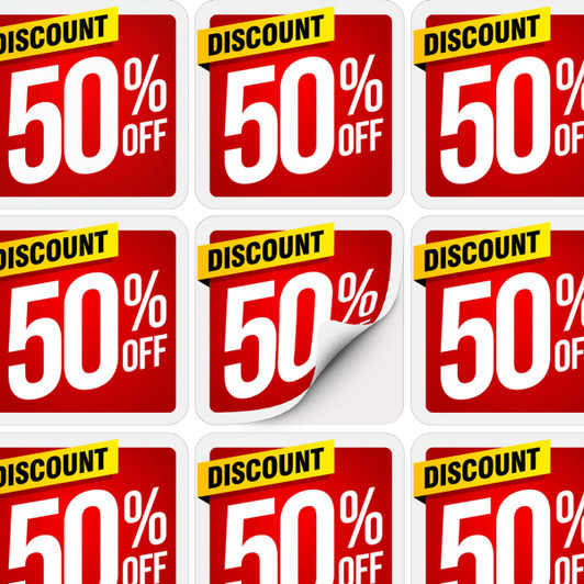 A grid of square stickers featuring a red background with a discount label, displaying 50% off.