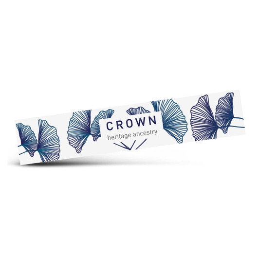 A long sticker featuring a floral design in blue, with a logo and text, on a white background.