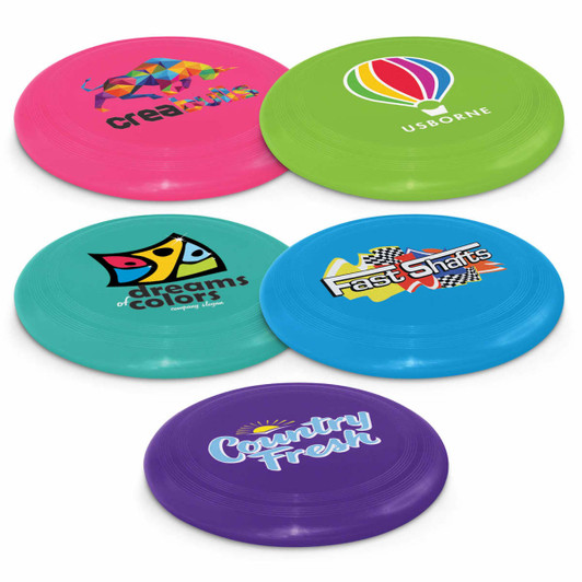 A set of four colourful frisbees in pink, blue, green, and purple, each featuring different logos.
