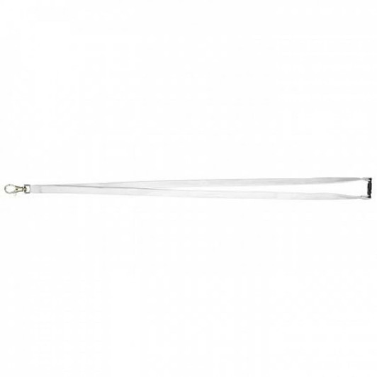 A white lanyard with a hook attachment and a branding logo, ideal for exhibitions and events.