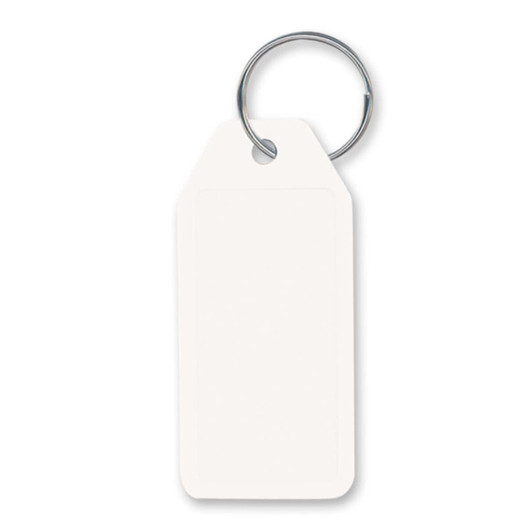 A key ring with a blank white tag attached, ideal for labeling or personalization.