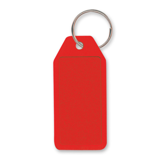 A red budget key ring with a blank rectangular tag for customization.