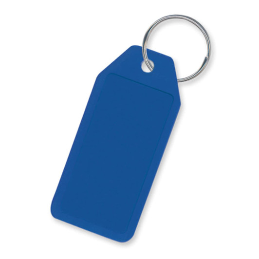 A blue key ring in the shape of a tag with a metal keyring attachment.