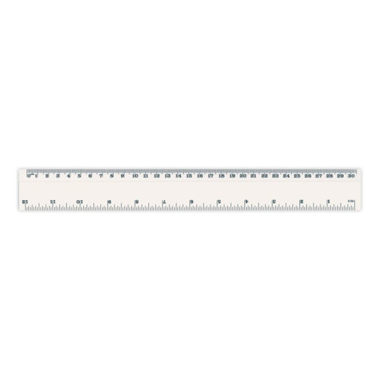 A transparent ruler with metric and imperial measurements, featuring a branded logo on one side.
