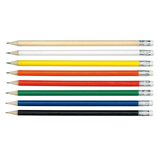 A collection of eight pencils in various colours: red, yellow, green, blue, black, and white, with silver ferrules.