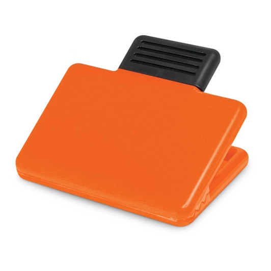 An orange magnetic clip with a black grip. It features a simple design and has a branding logo on it.