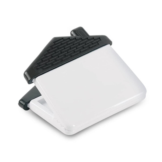 A white magnetic clip with a black house-shaped top and textured surface for grip. It features a branding logo.