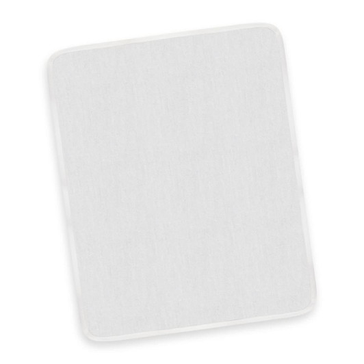 A polishing cloth with a soft, white fabric surface and a contrasting border.