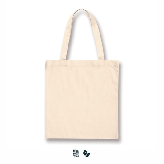 A plain beige cotton tote bag with two handles and a logo. The bag is rectangular in shape.