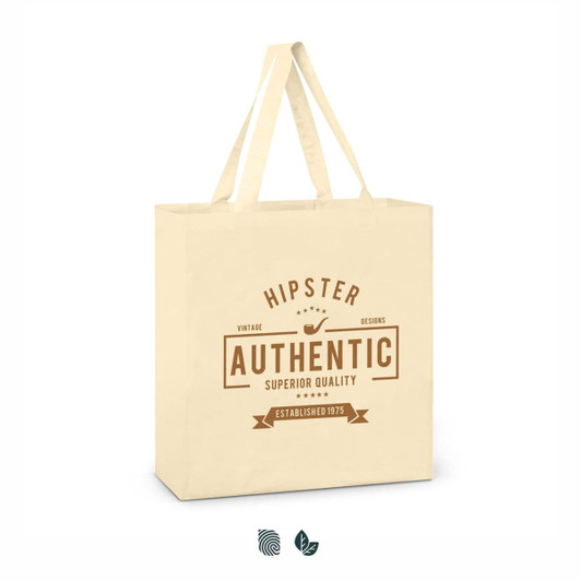 A beige cotton tote bag with handles and a logo, featuring brown text and design elements.