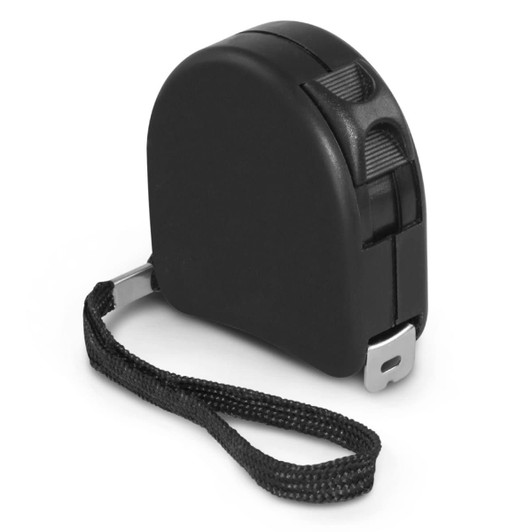A black locking tape measure with a retractable tape and a wrist strap.