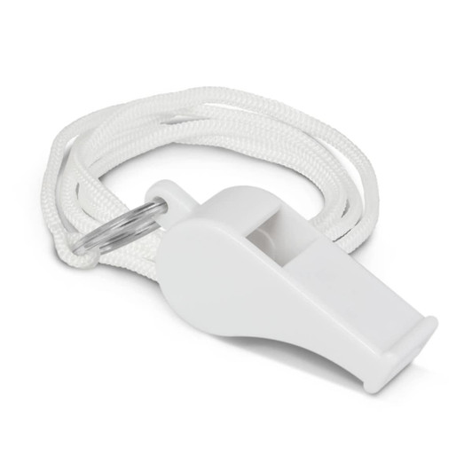 A white sports whistle attached to a cord for easy carrying, featuring a silver keyring loop.