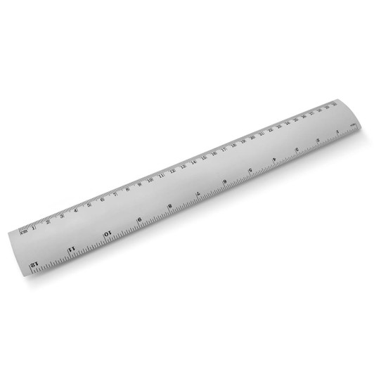A silver metal ruler, 30cm long, featuring clear measurements in both centimetres and millimetres, with a logo.