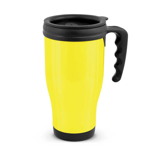 A travel mug with a vibrant yellow exterior, a black handle, and a snug-fitting lid.
