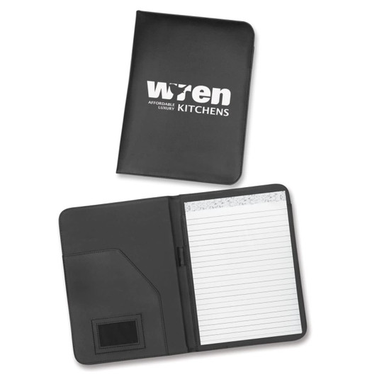 A black portfolio featuring a logo, with an interior pocket and a lined notepad.