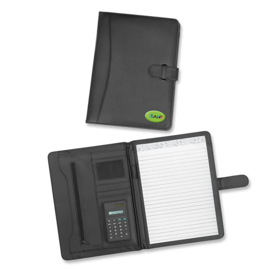 A black portfolio with a calculator, notepad, and multiple compartments for business cards and documents.