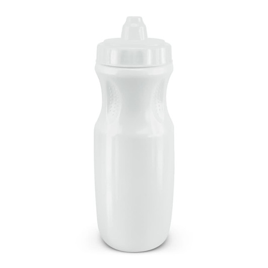 A drink bottle in a sleek white design featuring a tapered body, a secure screw-on lid, and a spout for easy sipping.