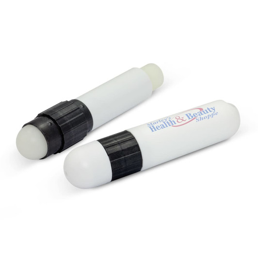Two white Duo Lip Balms with black caps, featuring a logo on one of the items.