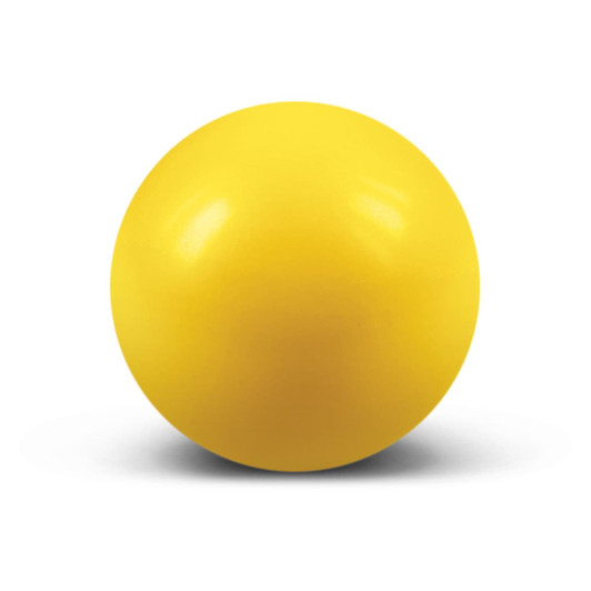 A yellow stress ball, round and smooth, designed for fun and stress relief.