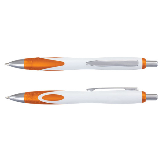 A plastic pen featuring a white body with orange accents and a silver clip. The pen has a logo on it.