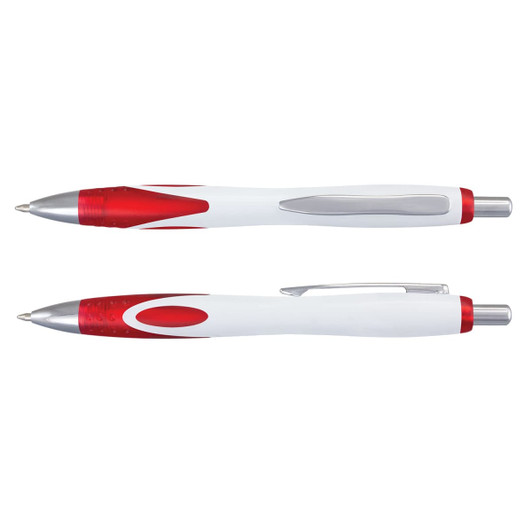 Two plastic pens, primarily white with red accents and silver clip. Includes a branding logo.