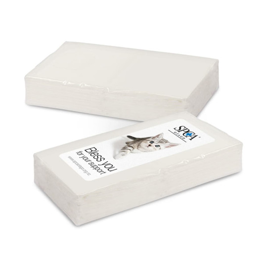 A stack of promotional tissues featuring a printed label with a cat image and the text "Best You for Your Support."